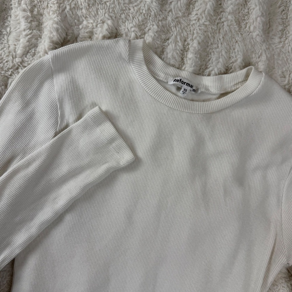 Reformation Ribbed Long Sleeve Crew Neck Top Cream White XS Made in USA